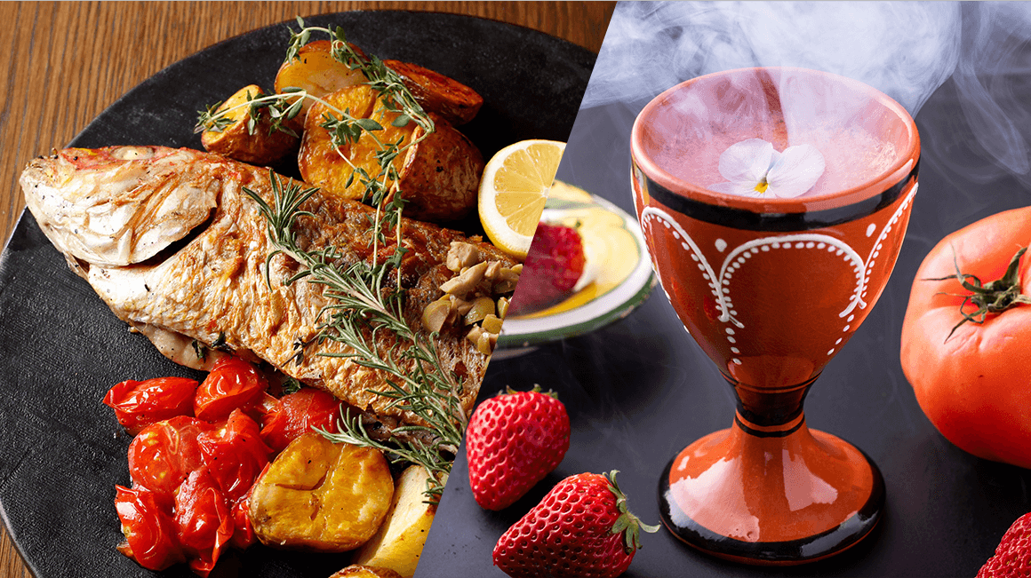 鮮魚のアクアパッツアとオリジナルベジタブルカクテル